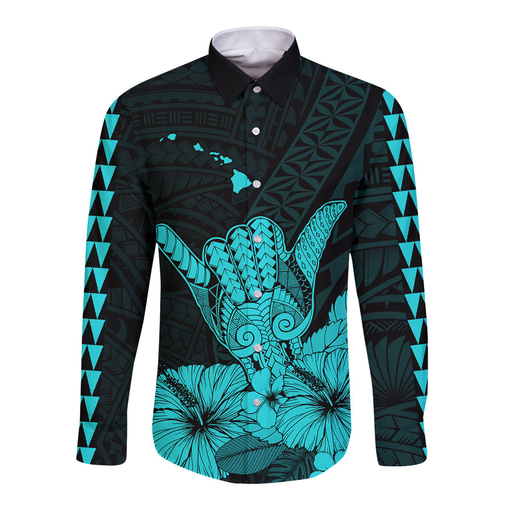 Hawaii Shaka Sign Long Sleeve Button Shirt Turquoise Version