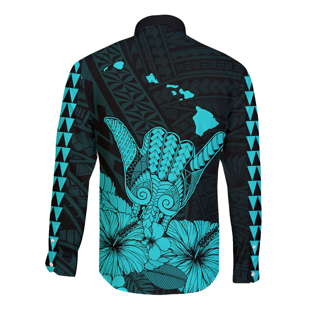 Hawaii Shaka Sign Long Sleeve Button Shirt Turquoise Version