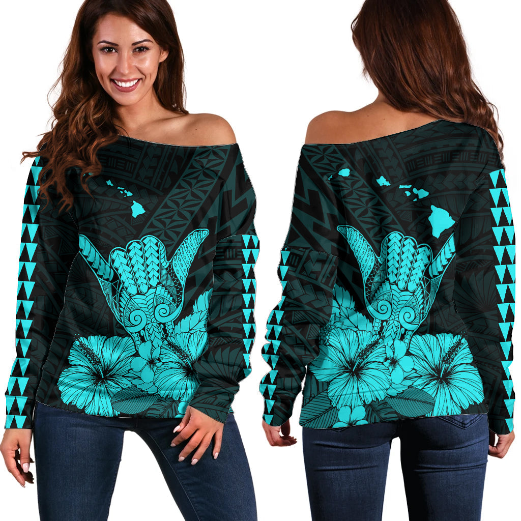 Hawaii Shaka Sign Off Shoulder Sweater Turquoise Version