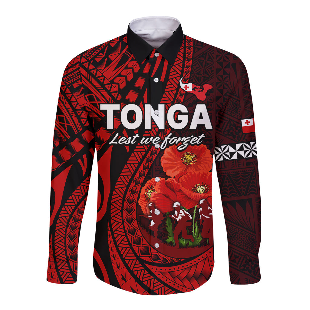 Tonga ANZAC Day Long Sleeve Button Shirt Lest We Forget Red Version