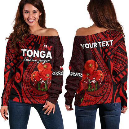(Custom Personalised) Tonga ANZAC Day Off Shoulder Sweater Lest We Forget Red Version
