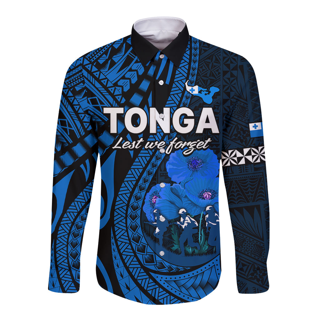 Tonga ANZAC Day Long Sleeve Button Shirt Lest We Forget Blue Version