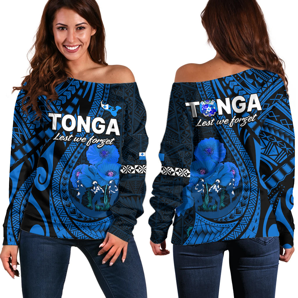 Tonga ANZAC Day Off Shoulder Sweater Lest We Forget Blue Version