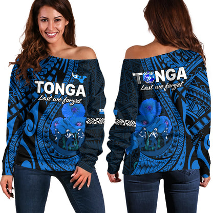 Tonga ANZAC Day Off Shoulder Sweater Lest We Forget Blue Version