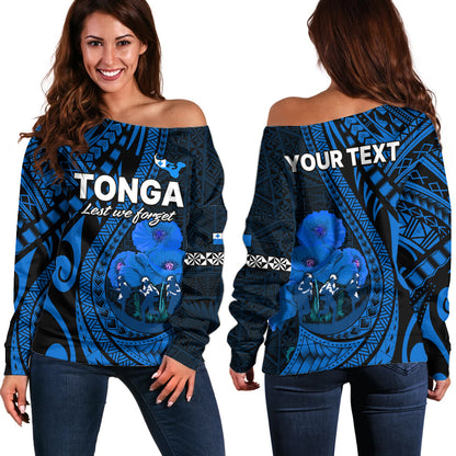 (Custom Personalised) Tonga ANZAC Day Off Shoulder Sweater Lest We Forget Blue Version