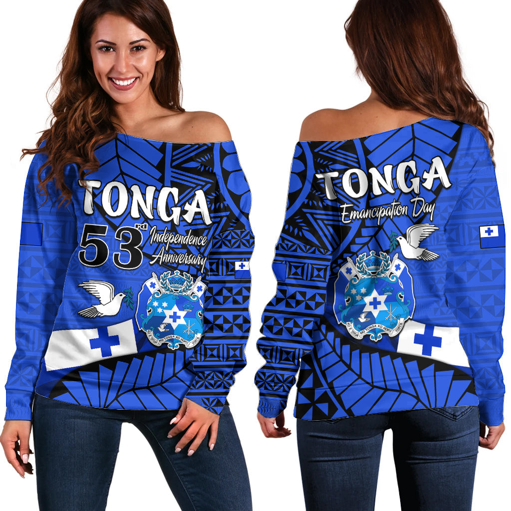 Tonga Emancipation Day Off Shoulder Sweater Happy 53rd Independence Anniversary Blue Version