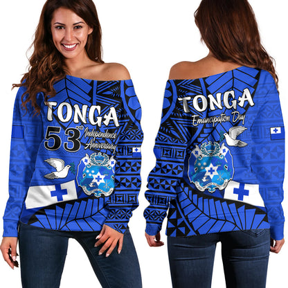 Tonga Emancipation Day Off Shoulder Sweater Happy 53rd Independence Anniversary Blue Version