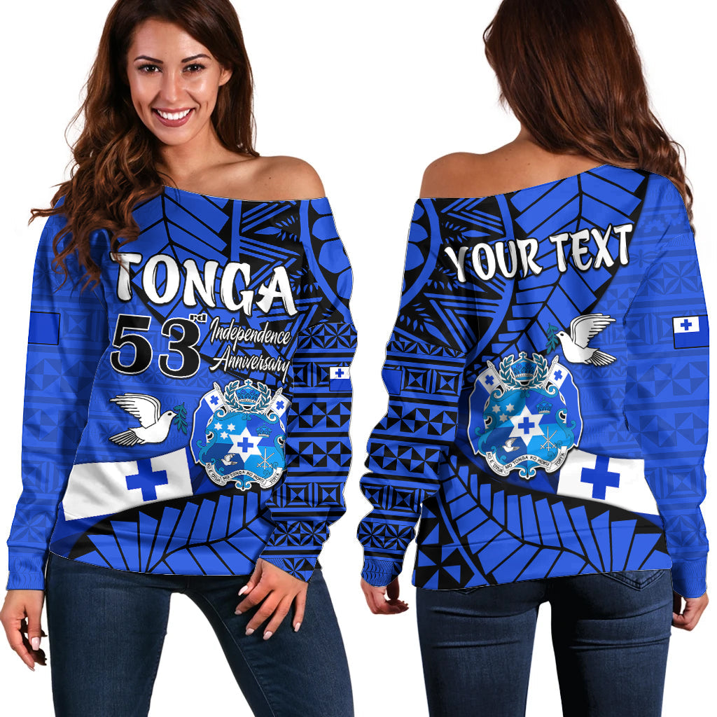 (Custom Personalised) Tonga Emancipation Day Off Shoulder Sweater Happy 53rd Independence Anniversary Blue Version