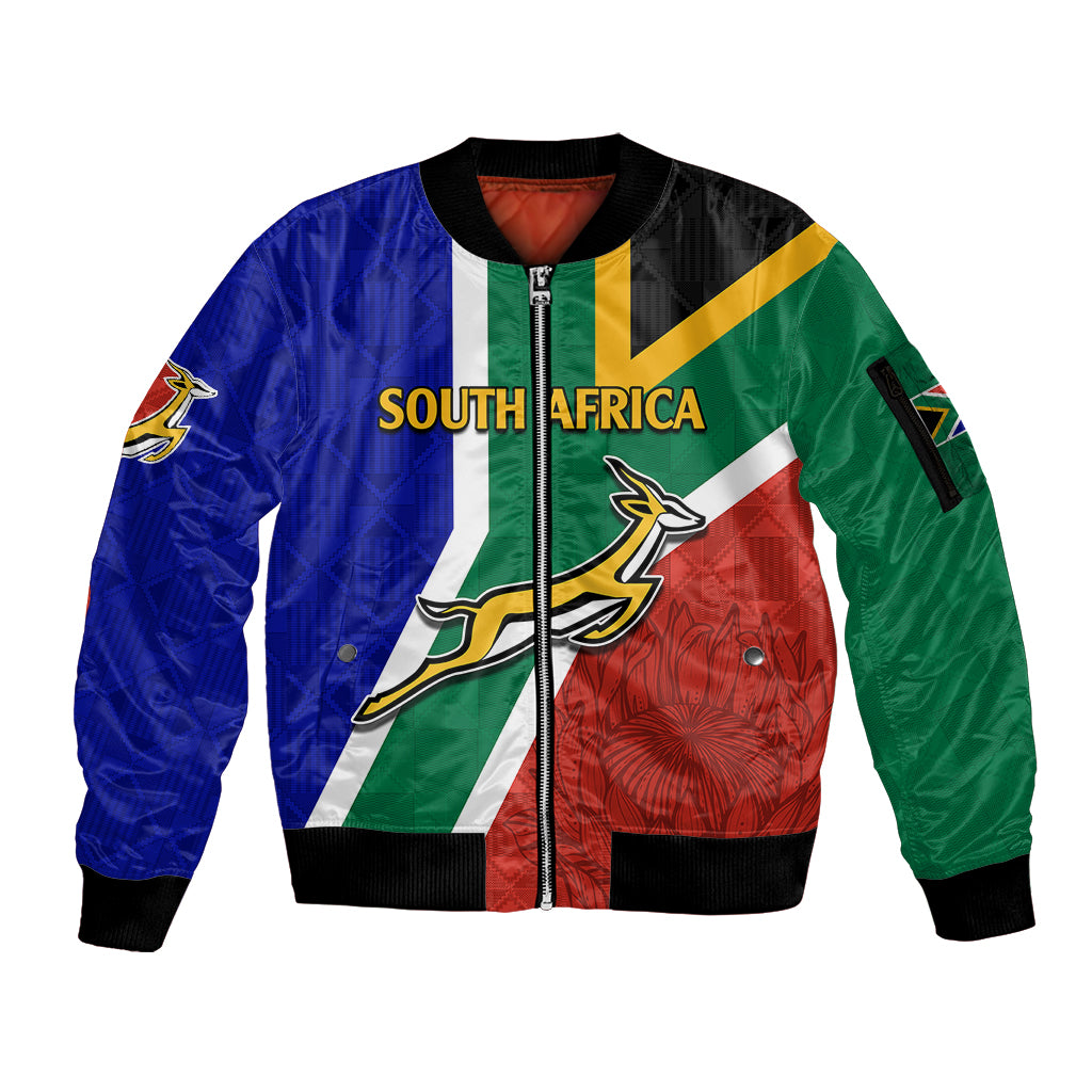 Custom South Africa Springboks Sleeve Zip Bomber Jacket with Kente Pattern and South African Flag