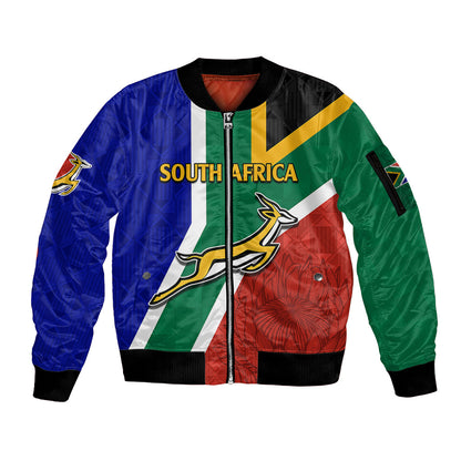 Custom South Africa Springboks Sleeve Zip Bomber Jacket with Kente Pattern and South African Flag