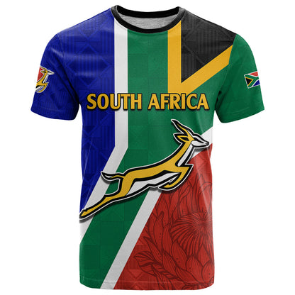 Custom South Africa Springboks T Shirt with Kente Pattern and South African Flag