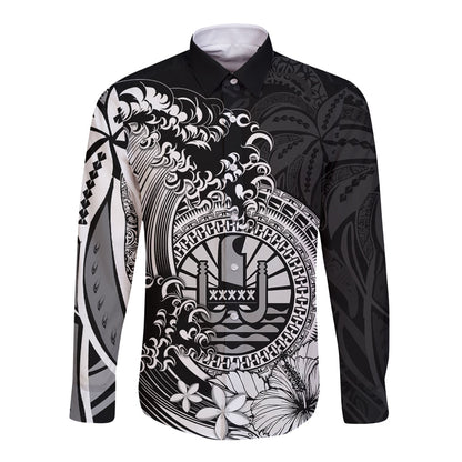Polynesian Tahiti Island Long Sleeve Button Shirt The Wave of Water Black