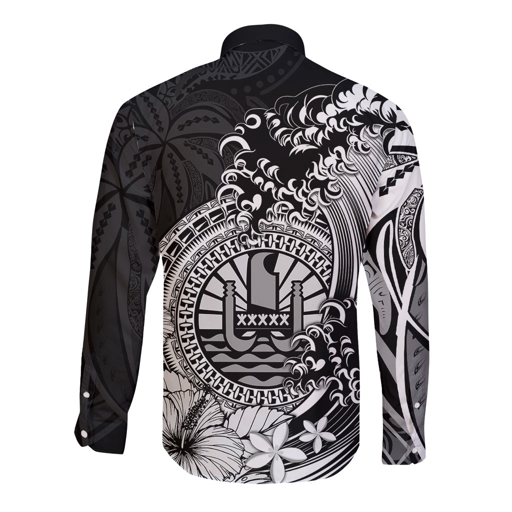 Polynesian Tahiti Island Long Sleeve Button Shirt The Wave of Water Black