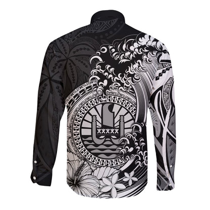 Polynesian Tahiti Island Long Sleeve Button Shirt The Wave of Water Black