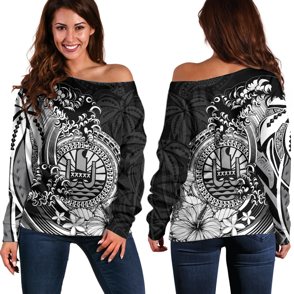 Polynesian Tahiti Island Off Shoulder Sweater The Wave of Water Black