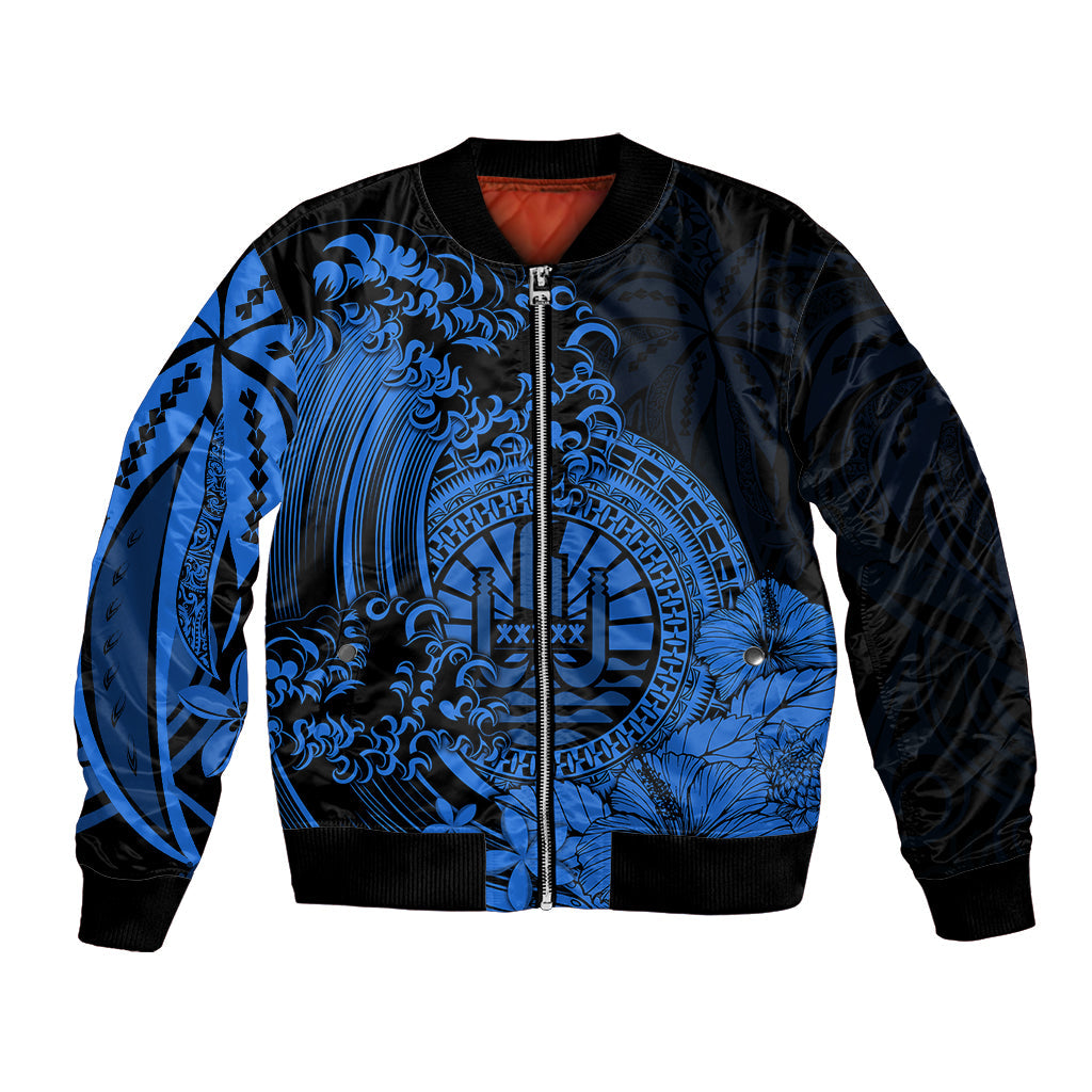 Polynesian Tahiti Island Bomber Jacket The Wave of Water Blue