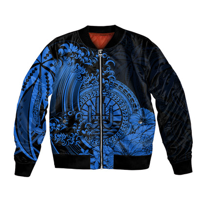 Polynesian Tahiti Island Bomber Jacket The Wave of Water Blue