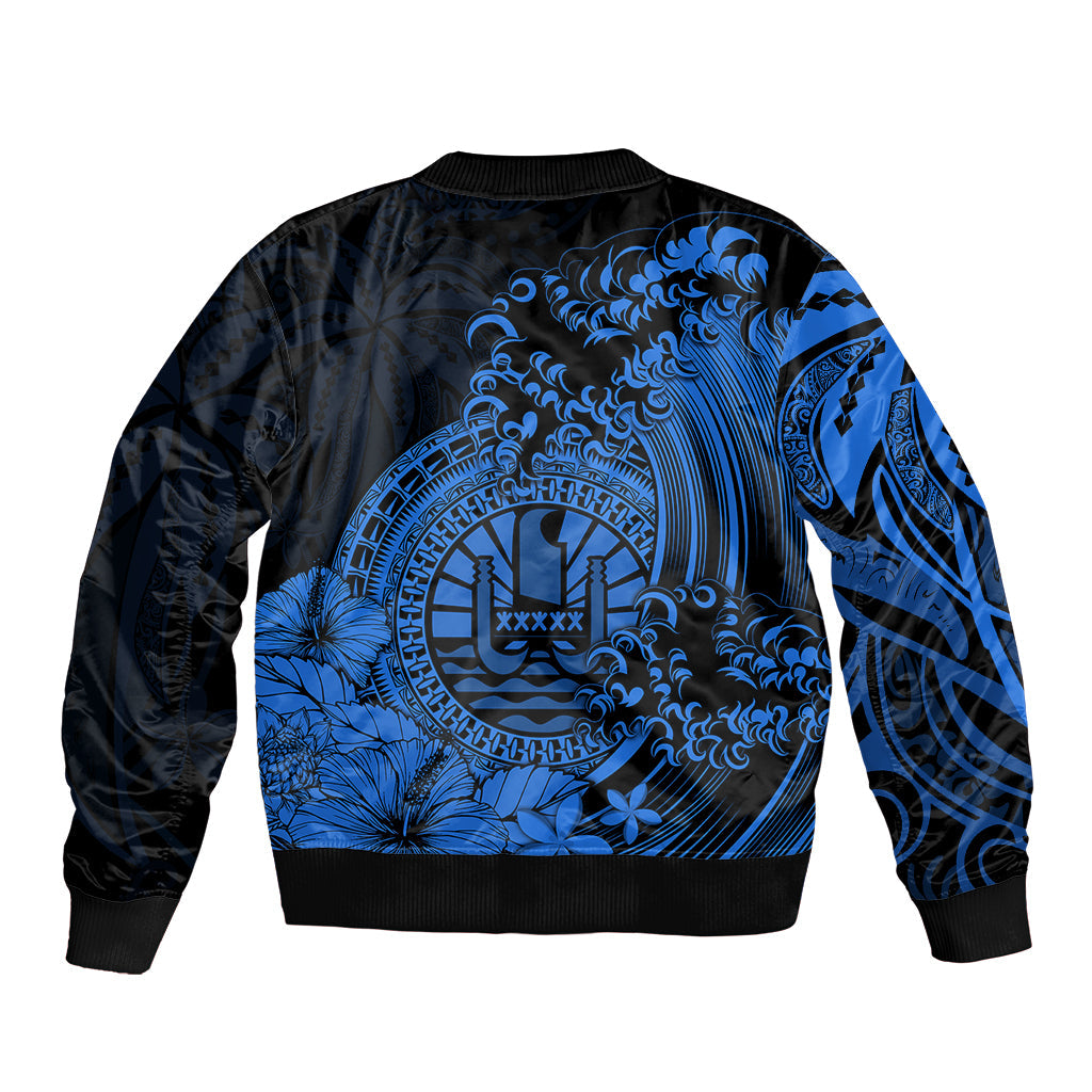 Polynesian Tahiti Island Bomber Jacket The Wave of Water Blue