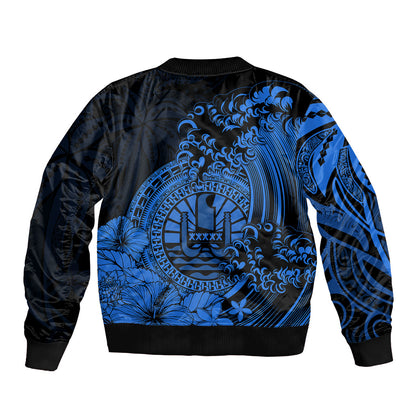 Polynesian Tahiti Island Bomber Jacket The Wave of Water Blue