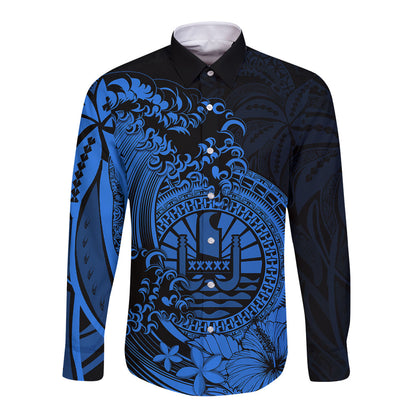 Polynesian Tahiti Island Long Sleeve Button Shirt The Wave of Water Blue