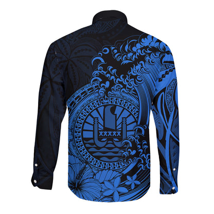 Polynesian Tahiti Island Long Sleeve Button Shirt The Wave of Water Blue