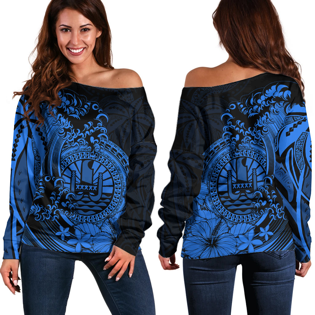 Polynesian Tahiti Island Off Shoulder Sweater The Wave of Water Blue