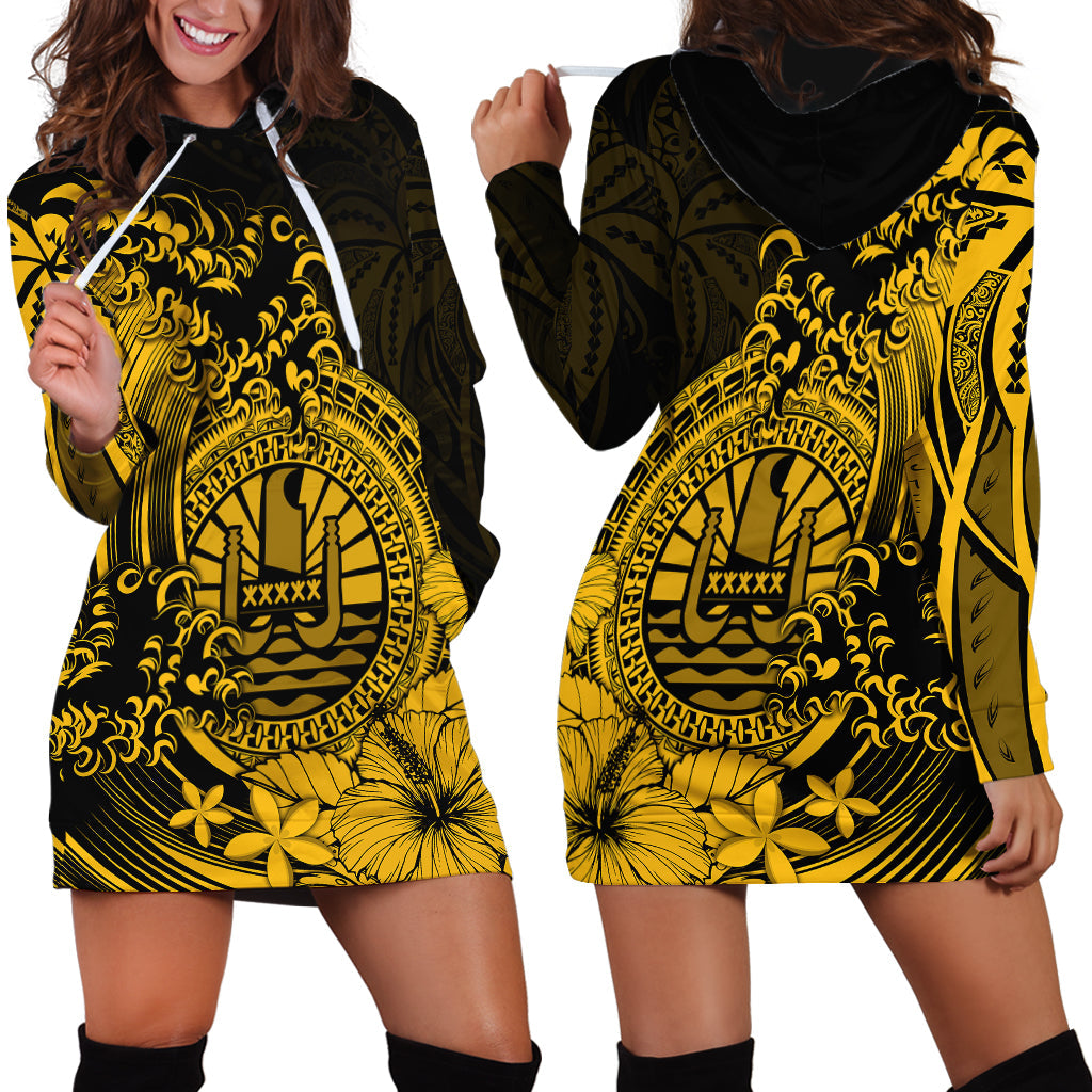 Polynesian Tahiti Island Hoodie Dress The Wave of Water Gold