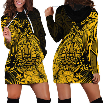 Polynesian Tahiti Island Hoodie Dress The Wave of Water Gold