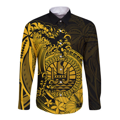 Polynesian Tahiti Island Long Sleeve Button Shirt The Wave of Water Gold