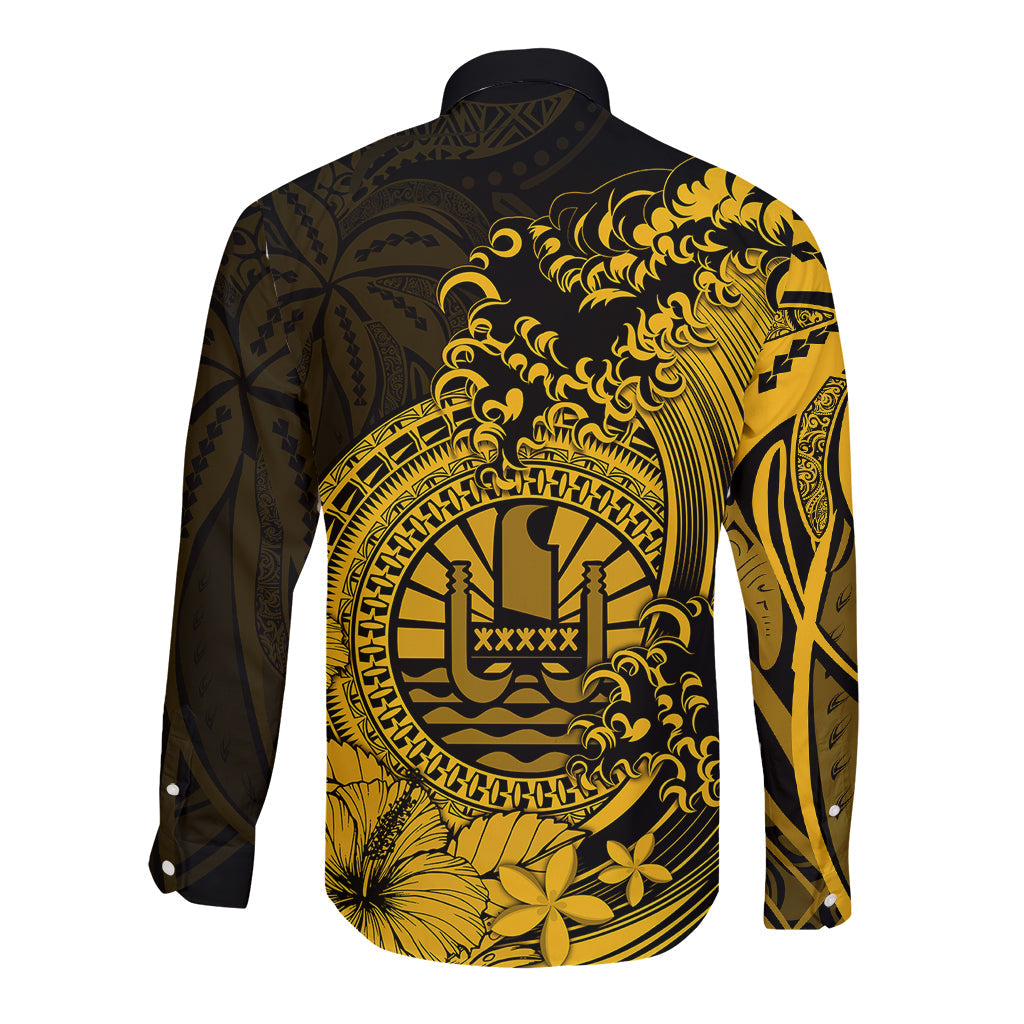 Polynesian Tahiti Island Long Sleeve Button Shirt The Wave of Water Gold
