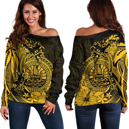 Polynesian Tahiti Island Off Shoulder Sweater The Wave of Water Gold