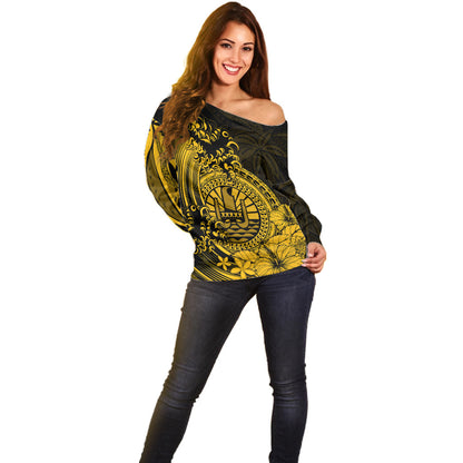 Polynesian Tahiti Island Off Shoulder Sweater The Wave of Water Gold