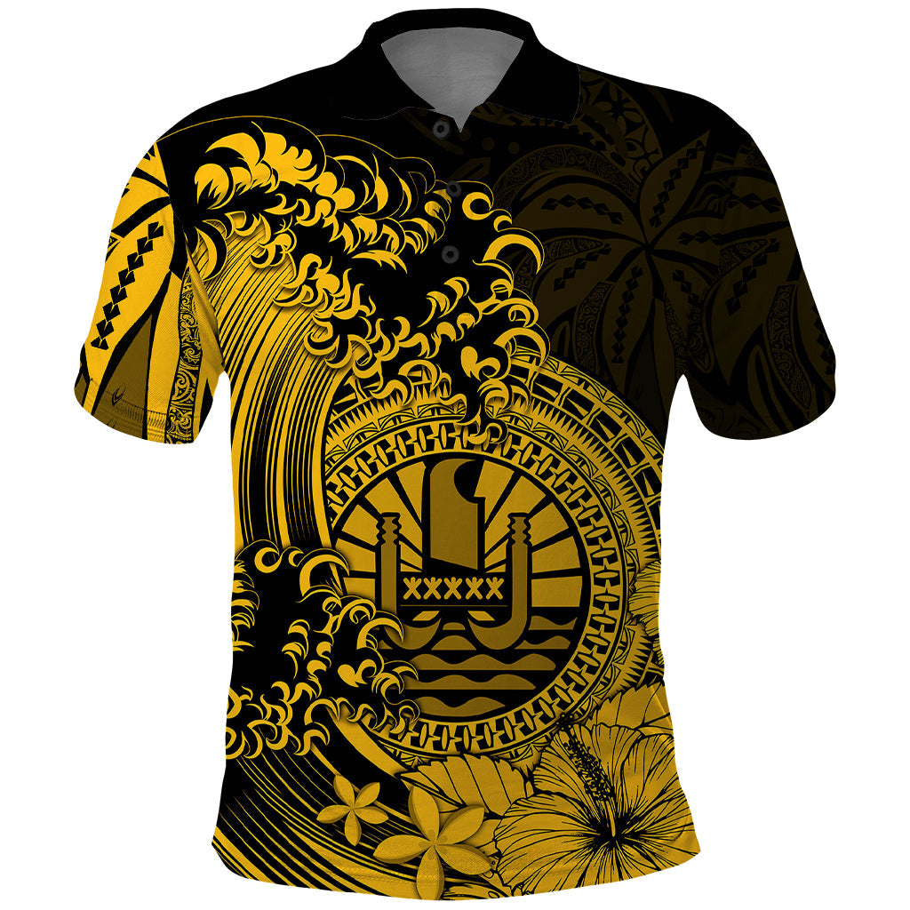 Polynesian Tahiti Island Polo Shirt The Wave of Water - Gold