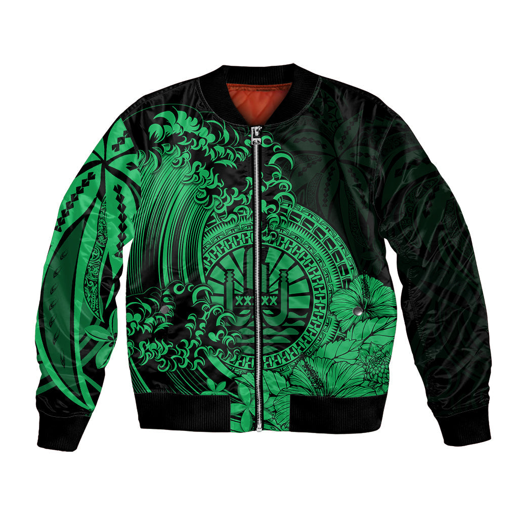 Polynesian Tahiti Island Bomber Jacket The Wave of Water Green