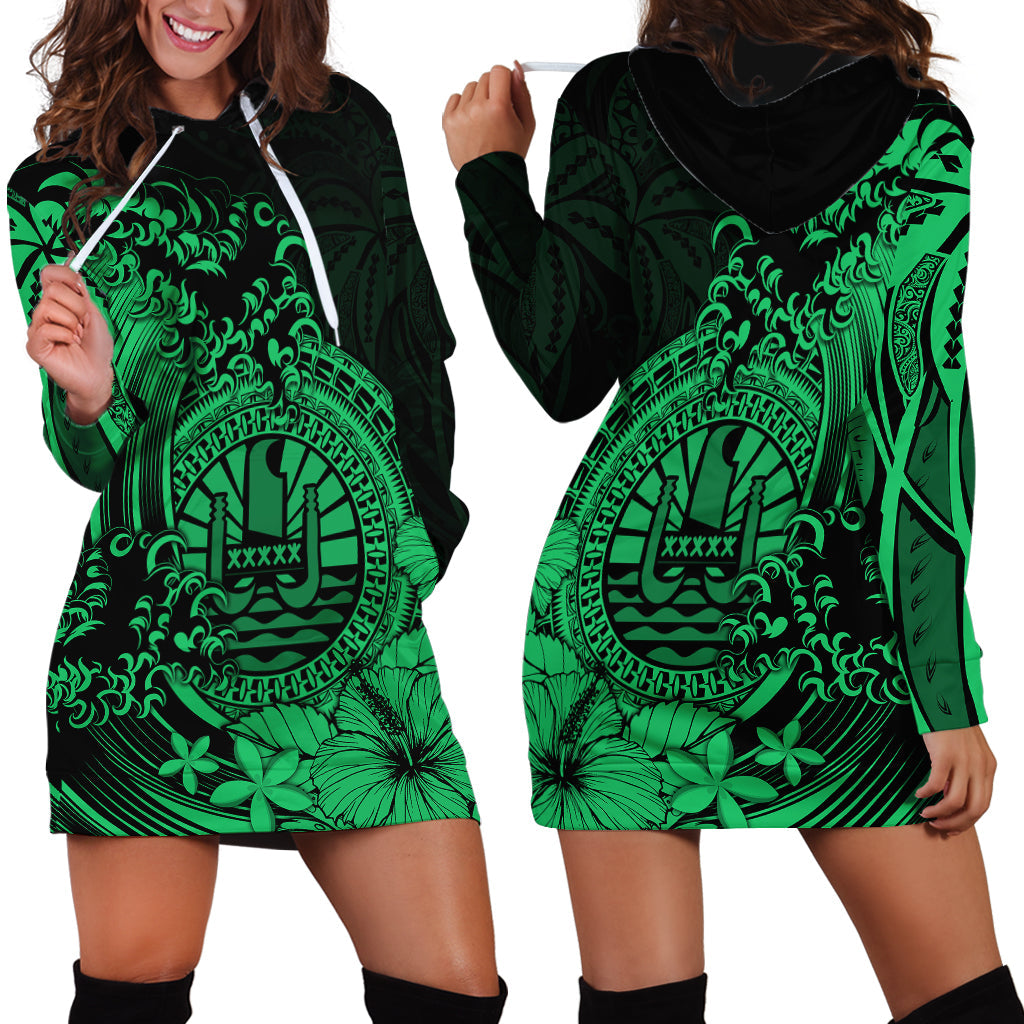Polynesian Tahiti Island Hoodie Dress The Wave of Water Green