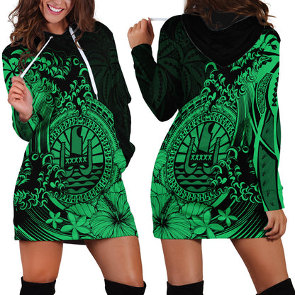 Polynesian Tahiti Island Hoodie Dress The Wave of Water Green