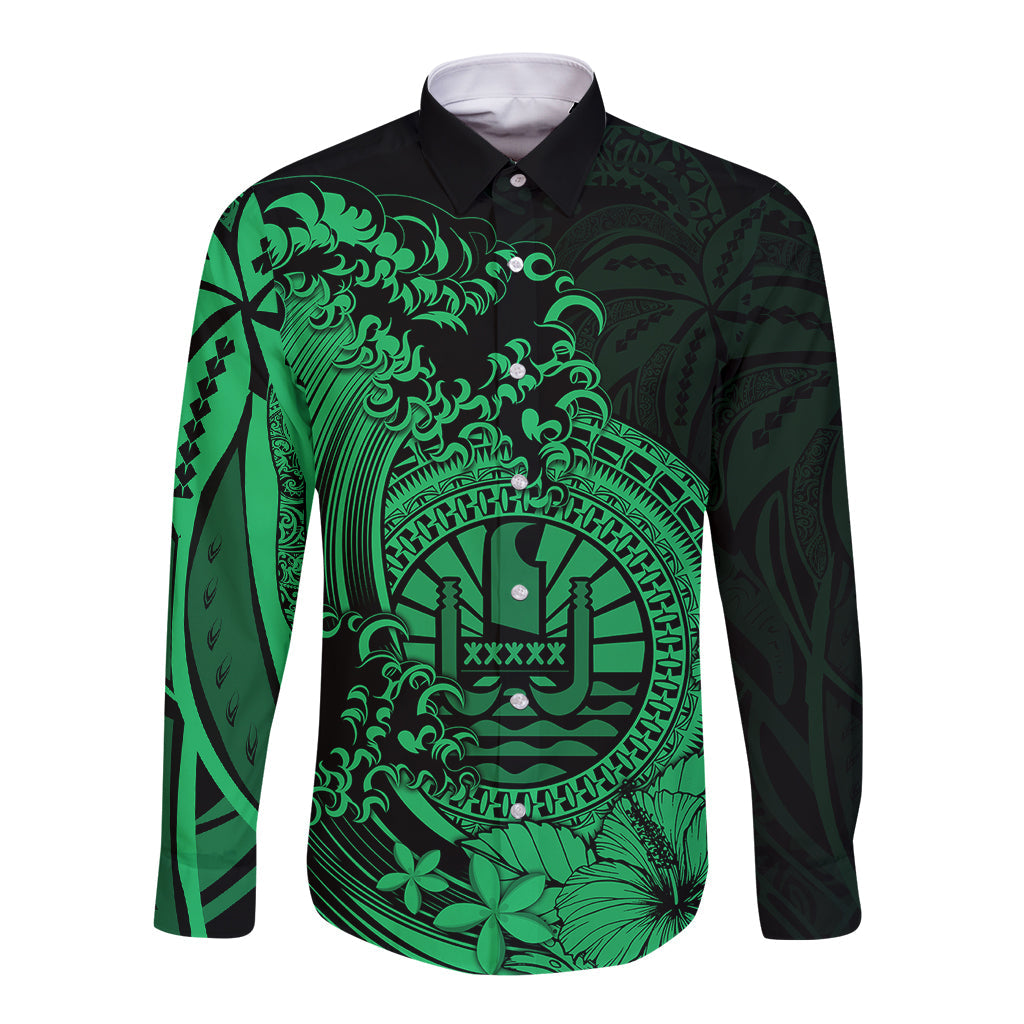 Polynesian Tahiti Island Long Sleeve Button Shirt The Wave of Water Green