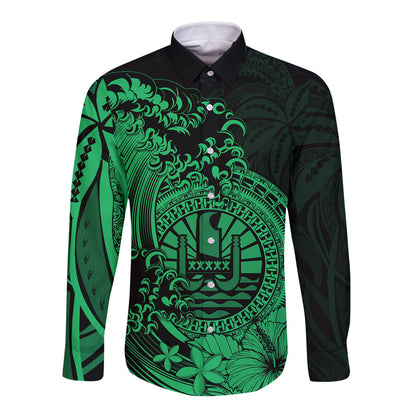 Polynesian Tahiti Island Long Sleeve Button Shirt The Wave of Water Green