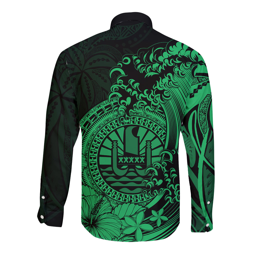 Polynesian Tahiti Island Long Sleeve Button Shirt The Wave of Water Green