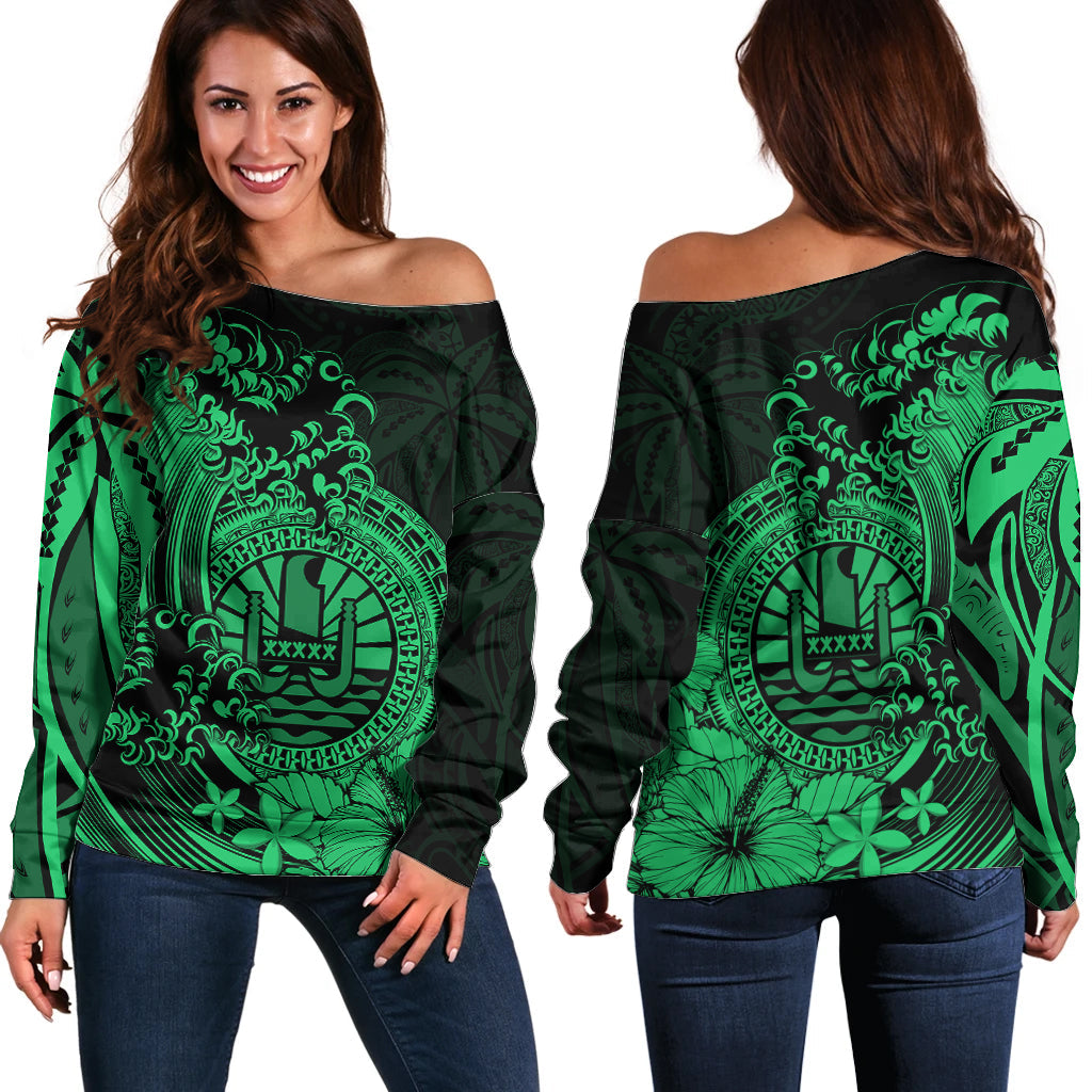 Polynesian Tahiti Island Off Shoulder Sweater The Wave of Water Green