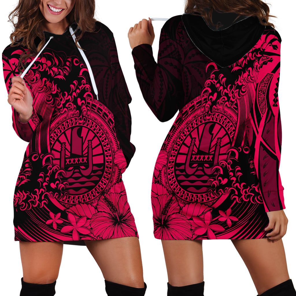 Polynesian Tahiti Island Hoodie Dress The Wave of Water Pink
