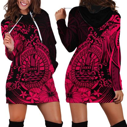 Polynesian Tahiti Island Hoodie Dress The Wave of Water Pink