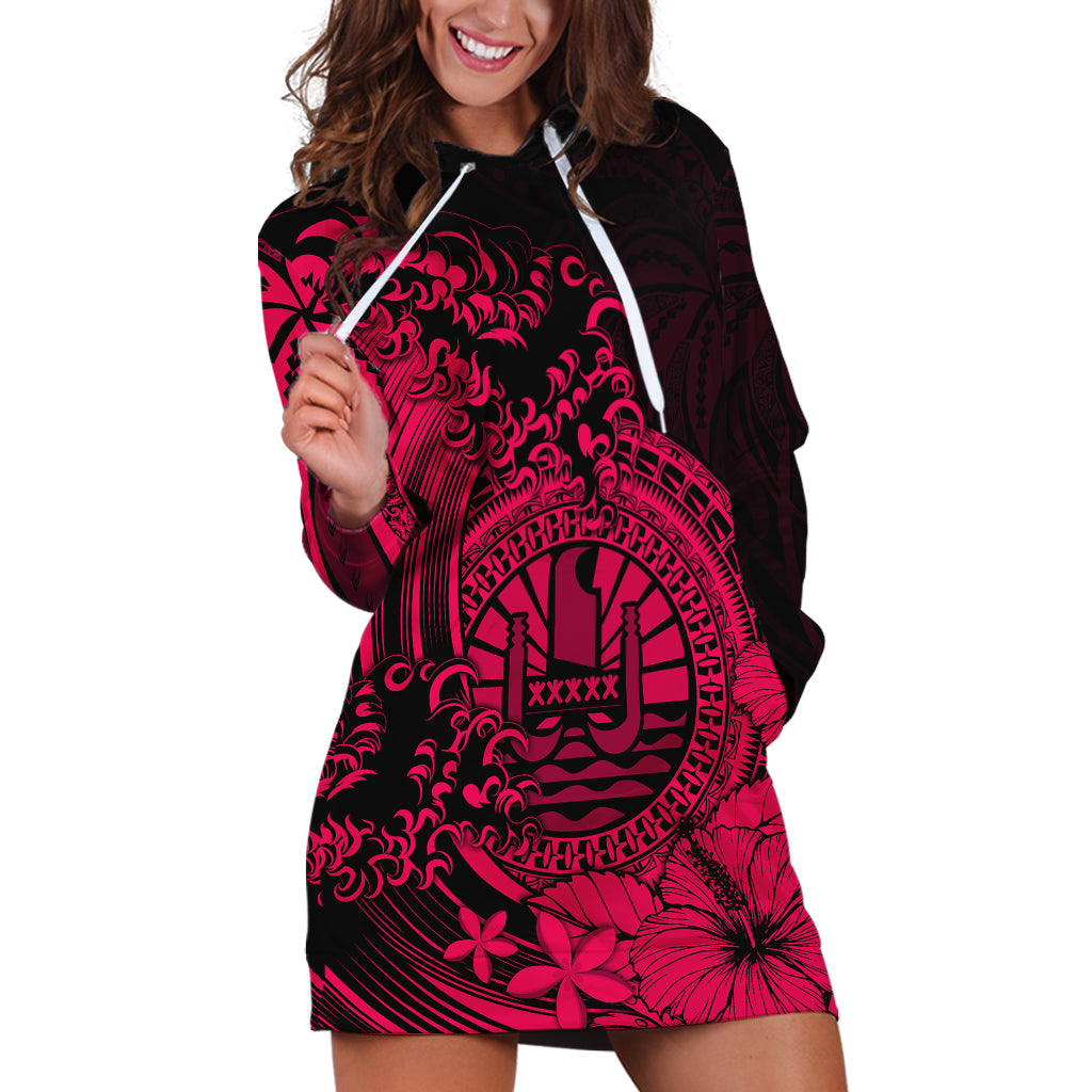 Polynesian Tahiti Island Hoodie Dress The Wave of Water Pink