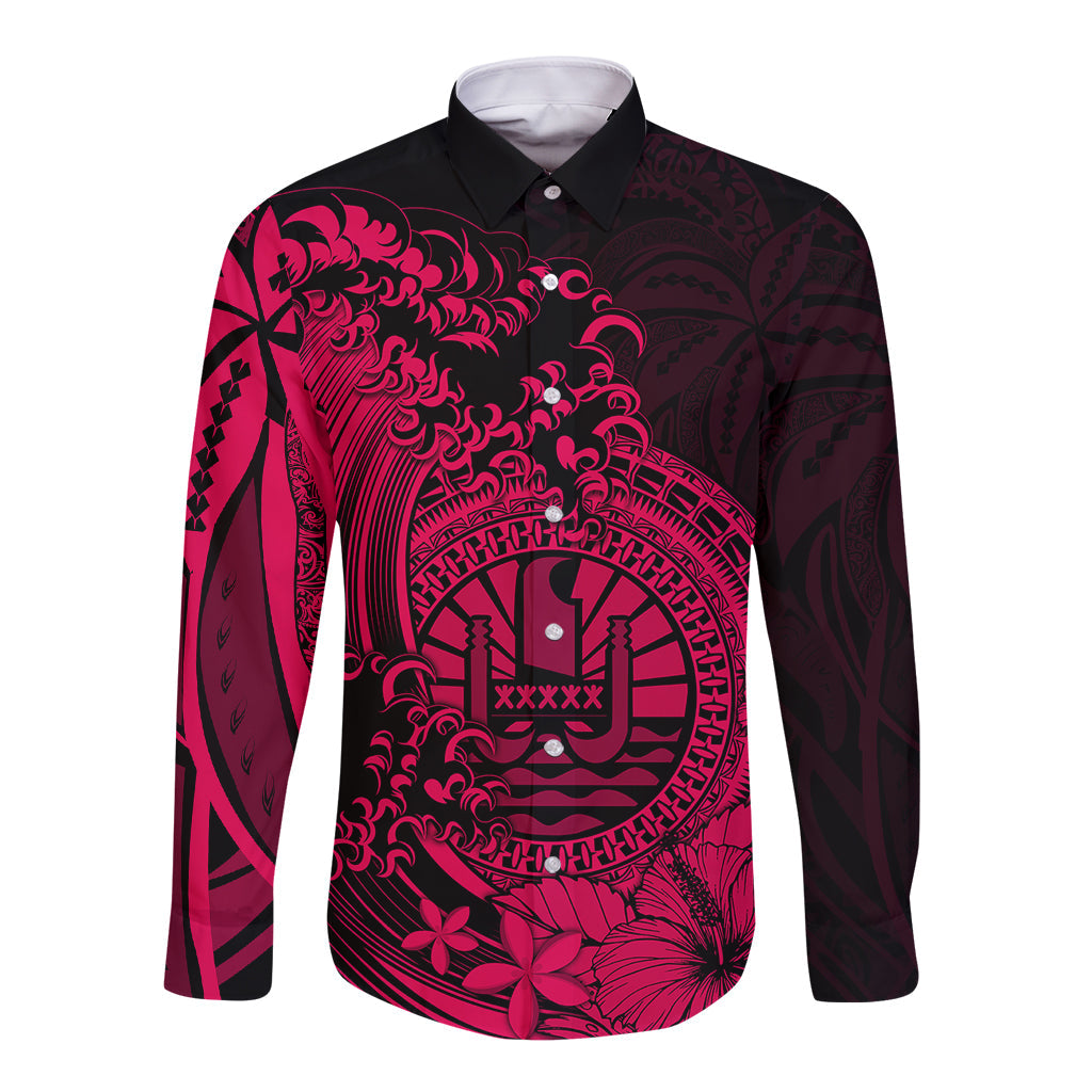 Polynesian Tahiti Island Long Sleeve Button Shirt The Wave of Water Pink