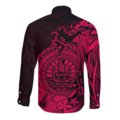 Polynesian Tahiti Island Long Sleeve Button Shirt The Wave of Water Pink