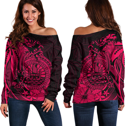 Polynesian Tahiti Island Off Shoulder Sweater The Wave of Water Pink