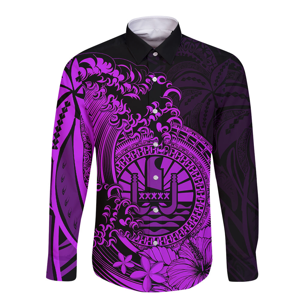 Polynesian Tahiti Island Long Sleeve Button Shirt The Wave of Water Purple