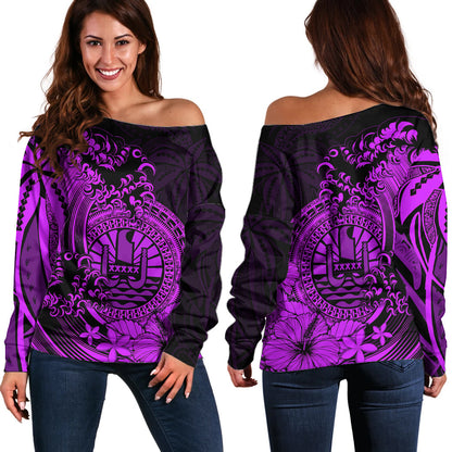 Polynesian Tahiti Island Off Shoulder Sweater The Wave of Water Purple