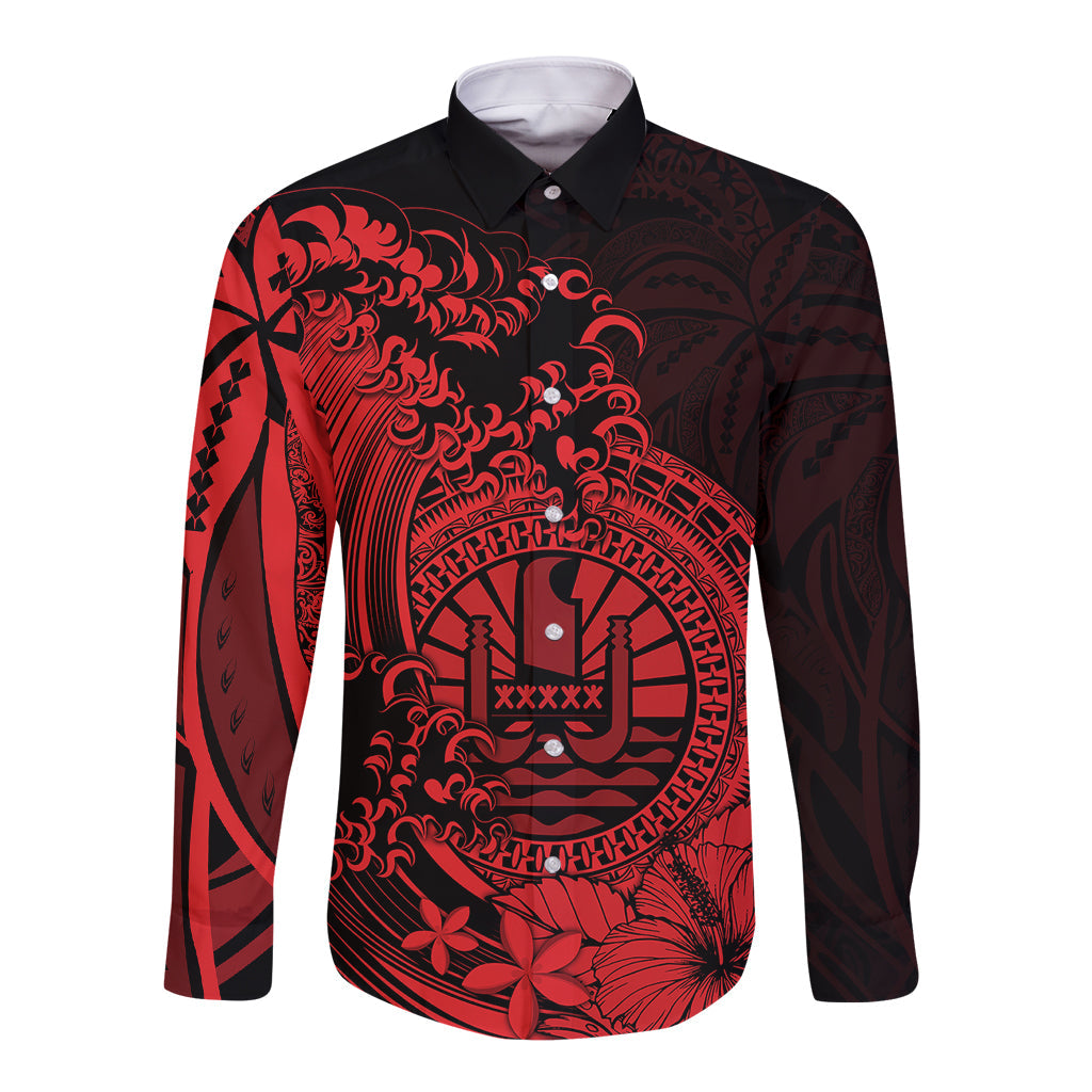 Polynesian Tahiti Island Long Sleeve Button Shirt The Wave of Water Red