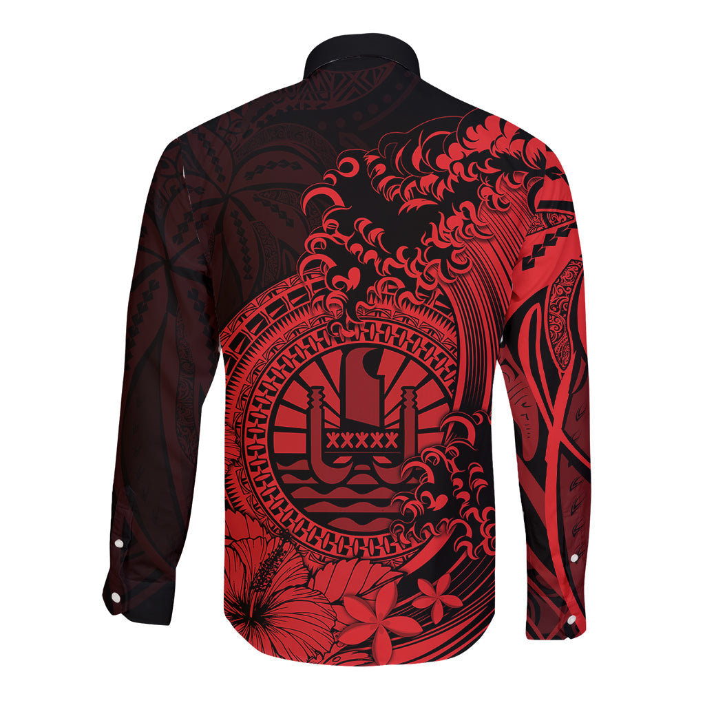 Polynesian Tahiti Island Long Sleeve Button Shirt The Wave of Water Red